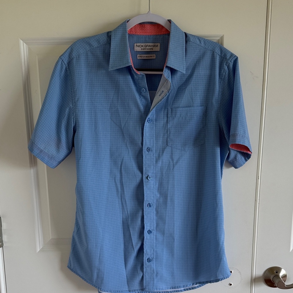 Nick Graham Stretch Modern Fit Short-Sleeve Blue Button-Up Shirt Size Medium